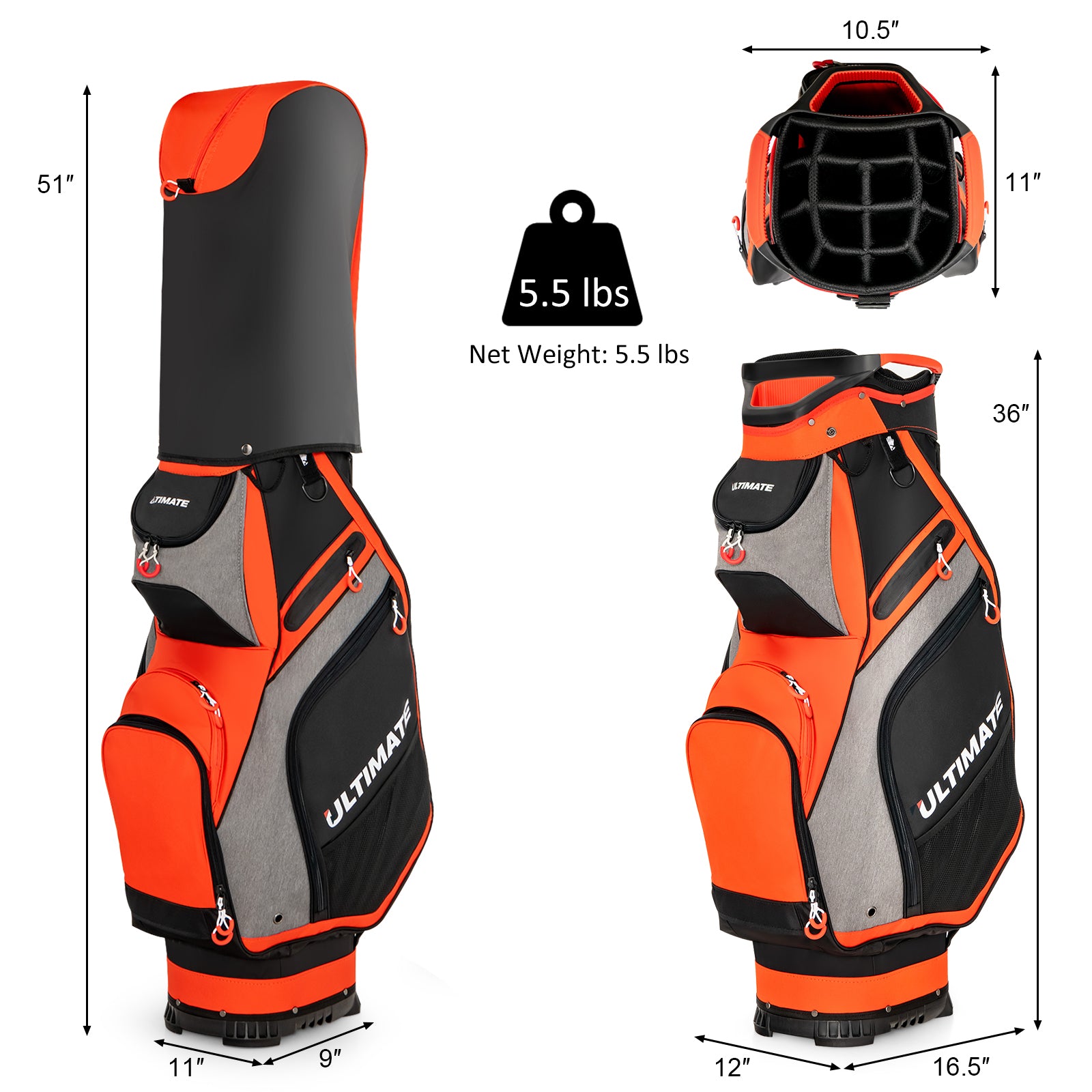 10.5 Inch Golf Stand Bag, 14 Way Dividers, 7 Zippered Pockets, Orange Golf at Gallery Canada