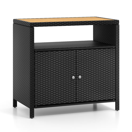 Rattan Storage Cabinet, Acacia Wood Countertop, Black