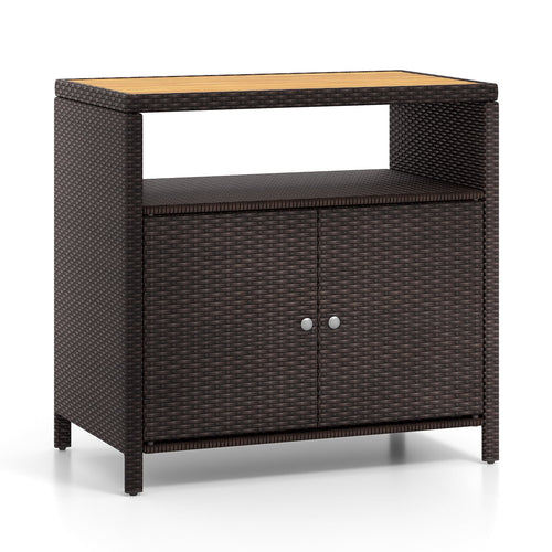 Rattan Storage Cabinet, Acacia Wood Countertop, Brown