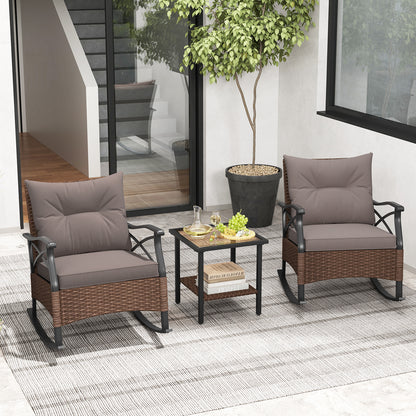 3 Pieces Outdoor Rattan Rocking Chairs Set with 2-Tier Side Table for Garden Backyard, Brown Patio Conversation Sets at Gallery Canada