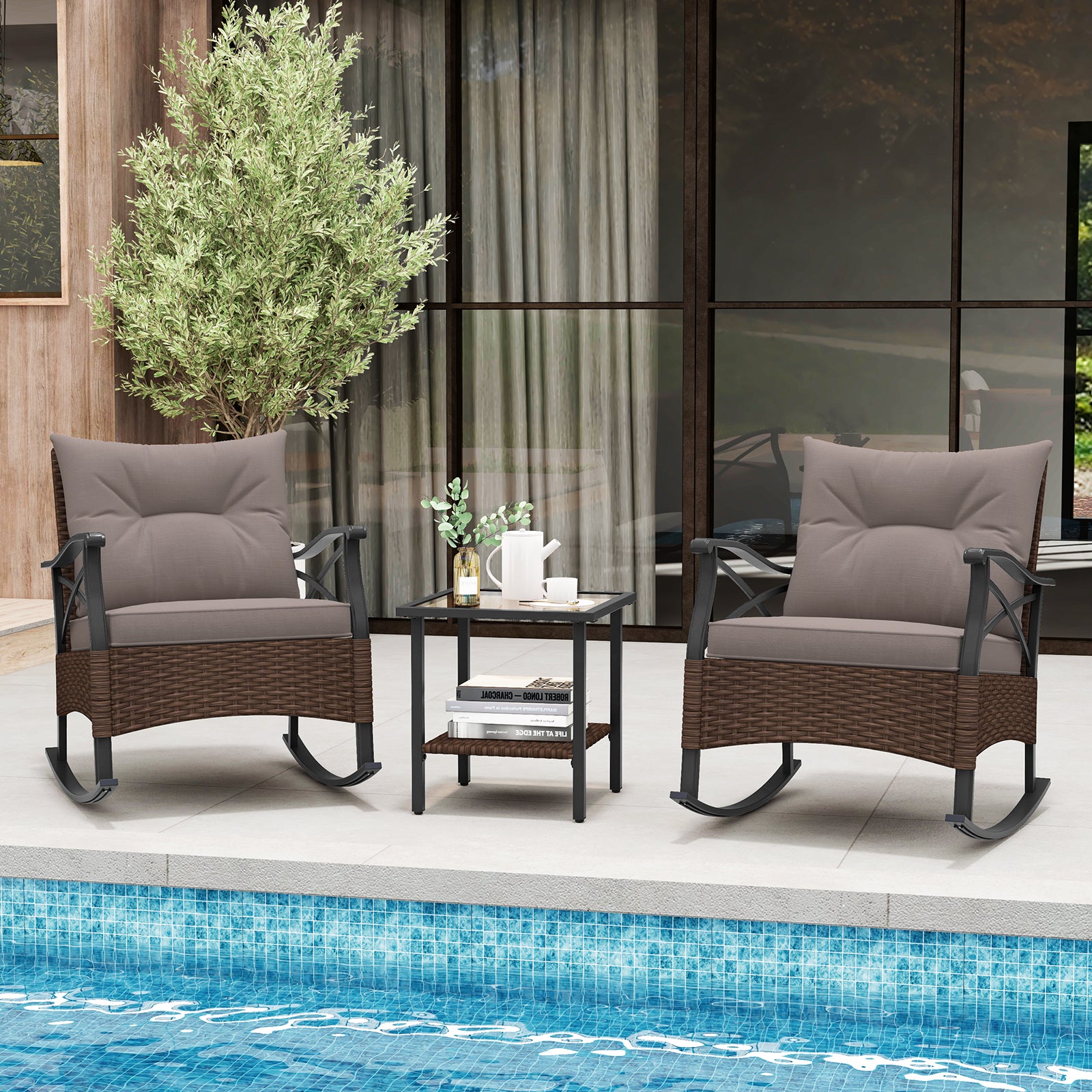 3 Pieces Outdoor Rattan Rocking Chairs Set with 2-Tier Side Table for Garden Backyard, Brown Patio Conversation Sets at Gallery Canada