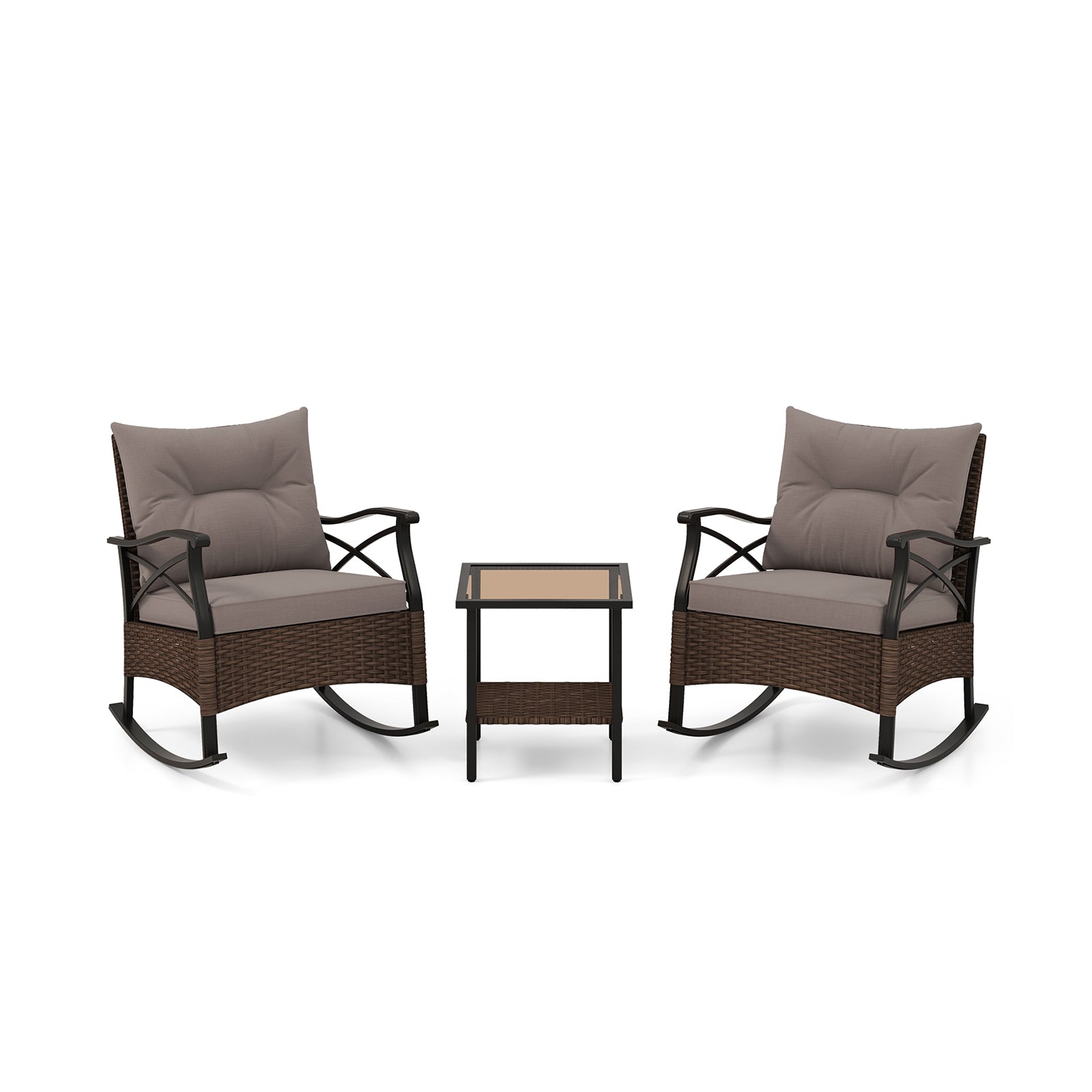 3 Pieces Outdoor Rattan Rocking Chairs Set with 2-Tier Side Table for Garden Backyard, Brown Patio Conversation Sets at Gallery Canada