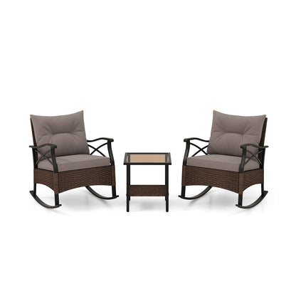 3 Pieces Outdoor Rattan Rocking Chairs Set with 2-Tier Side Table for Garden Backyard, Brown Patio Conversation Sets at Gallery Canada