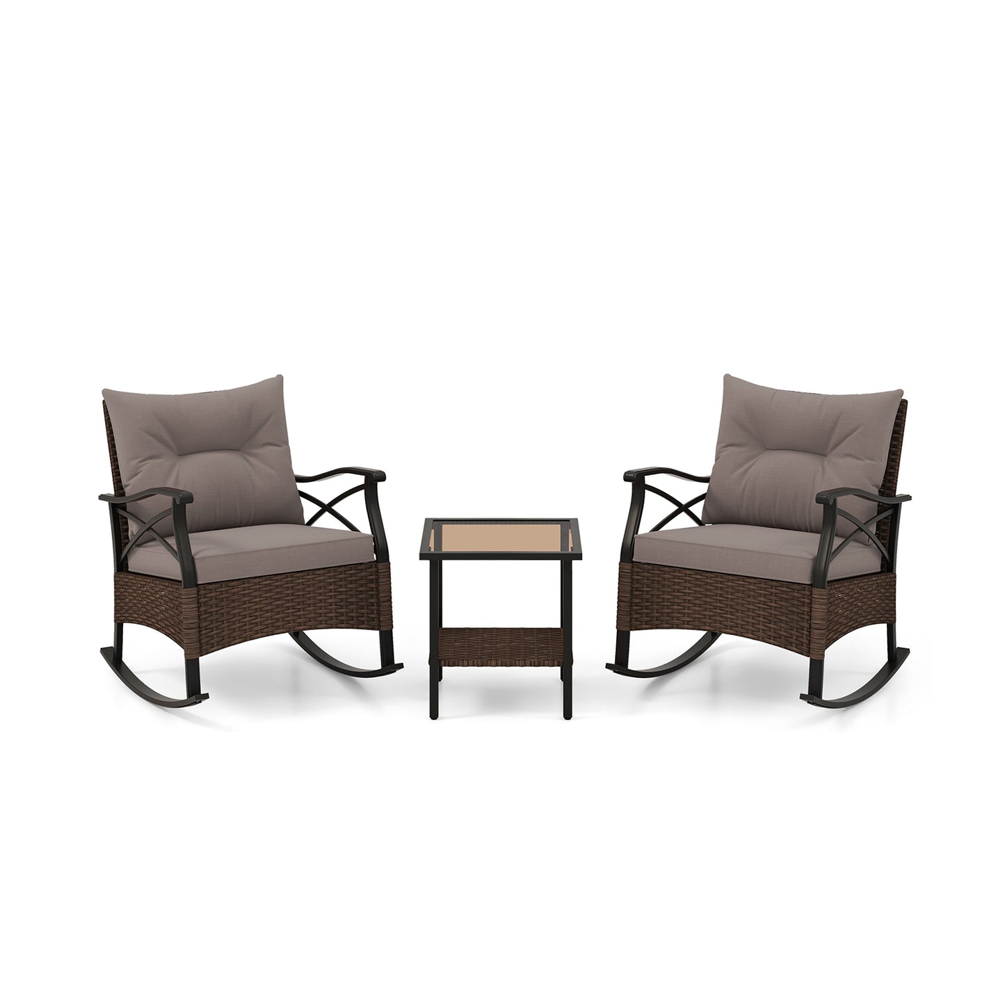 3 Pieces Outdoor Rattan Rocking Chairs Set with 2-Tier Side Table for Garden Backyard, Brown Patio Conversation Sets Brown at Gallery Canada