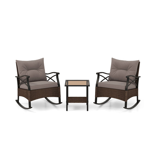 3 Pieces Outdoor Rattan Rocking Chairs Set with 2-Tier Side Table for Garden Backyard, Brown Patio Conversation Sets Brown at Gallery Canada