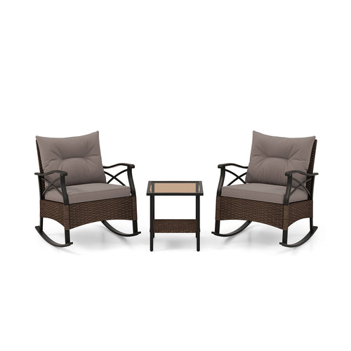 3 Pieces Outdoor Rattan Rocking Chairs Set with  2-Tier Side Table for Garden Backyard, Brown