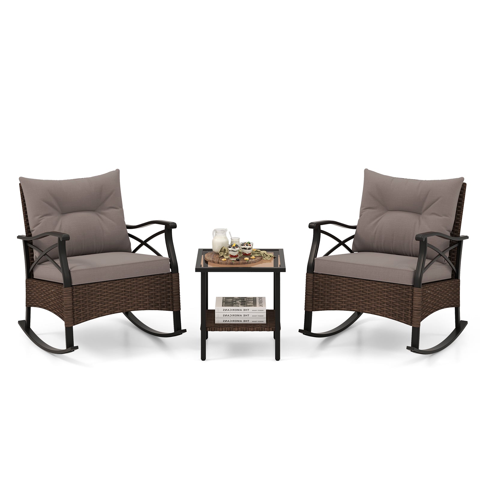 3 Pieces Outdoor Rattan Rocking Chairs Set with 2-Tier Side Table for Garden Backyard, Brown Patio Conversation Sets at Gallery Canada