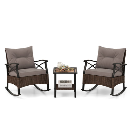 3 Pieces Outdoor Rattan Rocking Chairs Set with 2-Tier Side Table for Garden Backyard, Brown Patio Conversation Sets at Gallery Canada