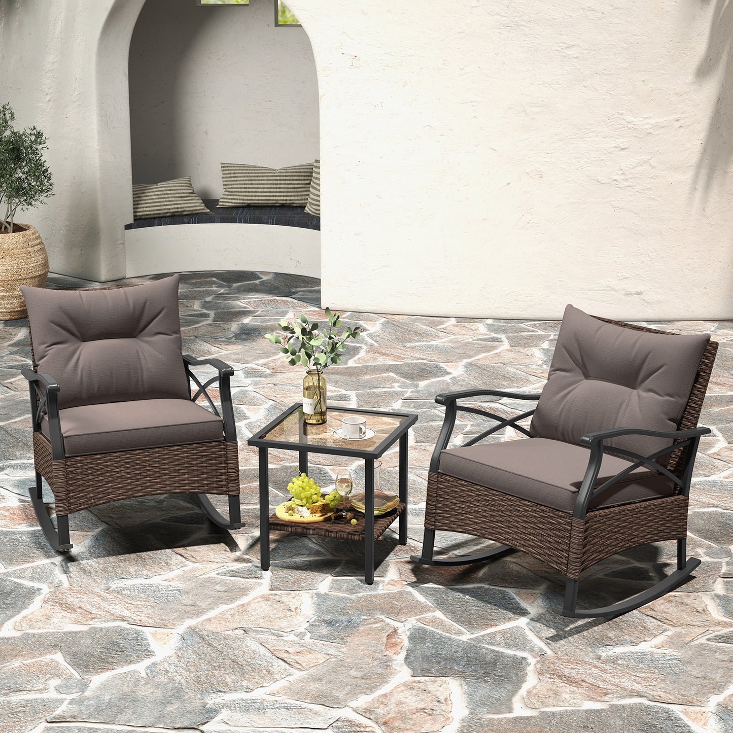 3 Pieces Outdoor Rattan Rocking Chairs Set with 2-Tier Side Table for Garden Backyard, Brown Patio Conversation Sets at Gallery Canada