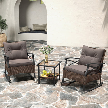 3 Pieces Outdoor Rattan Rocking Chairs Set with 2-Tier Side Table for Garden Backyard, Brown Patio Conversation Sets at Gallery Canada