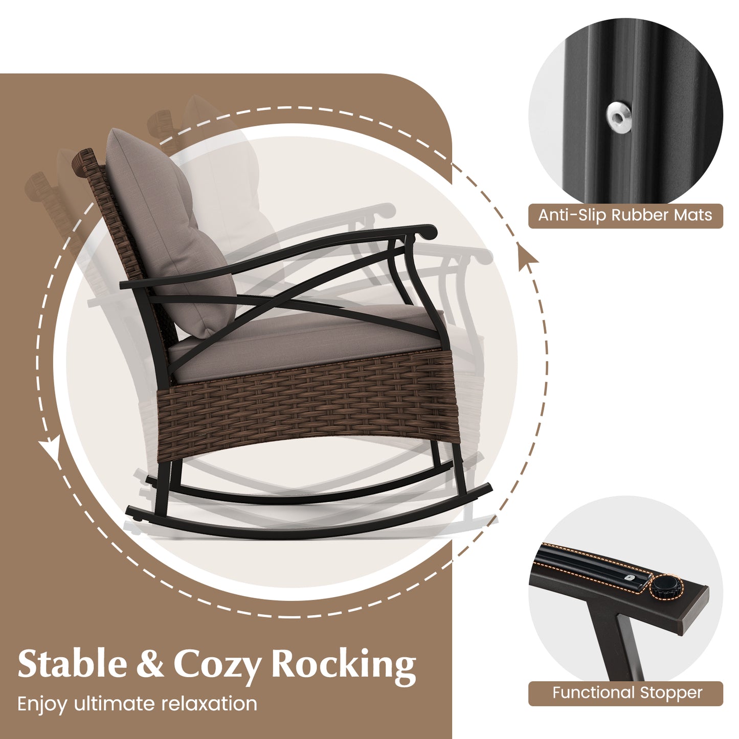 3 Pieces Outdoor Rattan Rocking Chairs Set with 2-Tier Side Table for Garden Backyard, Brown Patio Conversation Sets at Gallery Canada