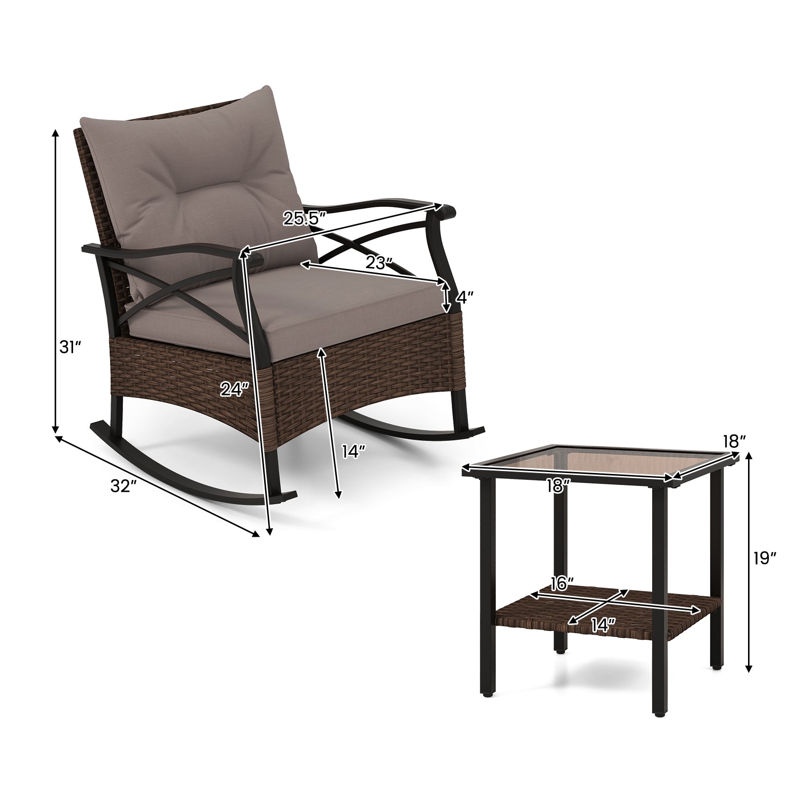 3 Pieces Outdoor Rattan Rocking Chairs Set with 2-Tier Side Table for Garden Backyard, Brown Patio Conversation Sets at Gallery Canada