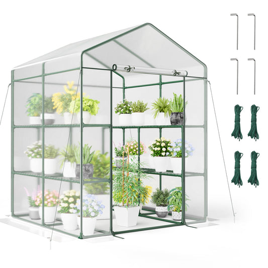 Walk-In Greenhouse, 3 Tiers 8 Shelves, PVC Cover, Roll-Up Zippered Door, Transparent