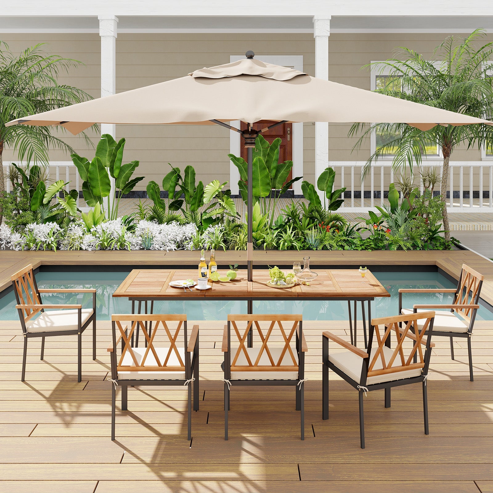 86.5 Inch Rectangular Patio Dining Table for 8 with Acacia Wood Tabletop and Umbrella Hole-86.5 inches, Natural & Black Patio Dining Tables at Gallery Canada
