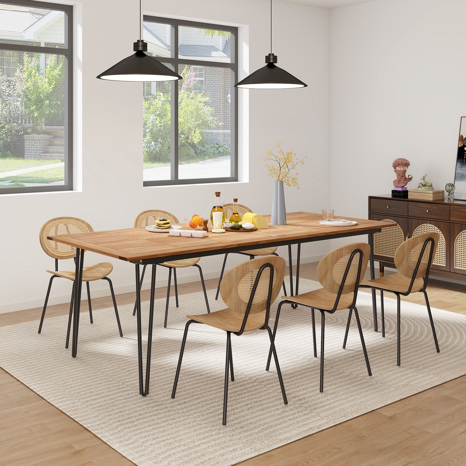 86.5 Inch Rectangular Patio Dining Table for 8 with Acacia Wood Tabletop and Umbrella Hole-86.5 inches, Natural & Black Patio Dining Tables at Gallery Canada