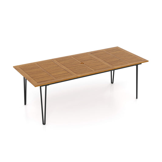 86.5 Inch Rectangular Patio Dining Table For 8, Acacia Wood Tabletop, Umbrella Hole, Natural, Black Patio Dining Tables Natural & Black at Gallery Canada