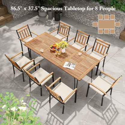86.5 Inch Rectangular Patio Dining Table for 8 with Acacia Wood Tabletop and Umbrella Hole-86.5 inches, Natural & Black Patio Dining Tables at Gallery Canada