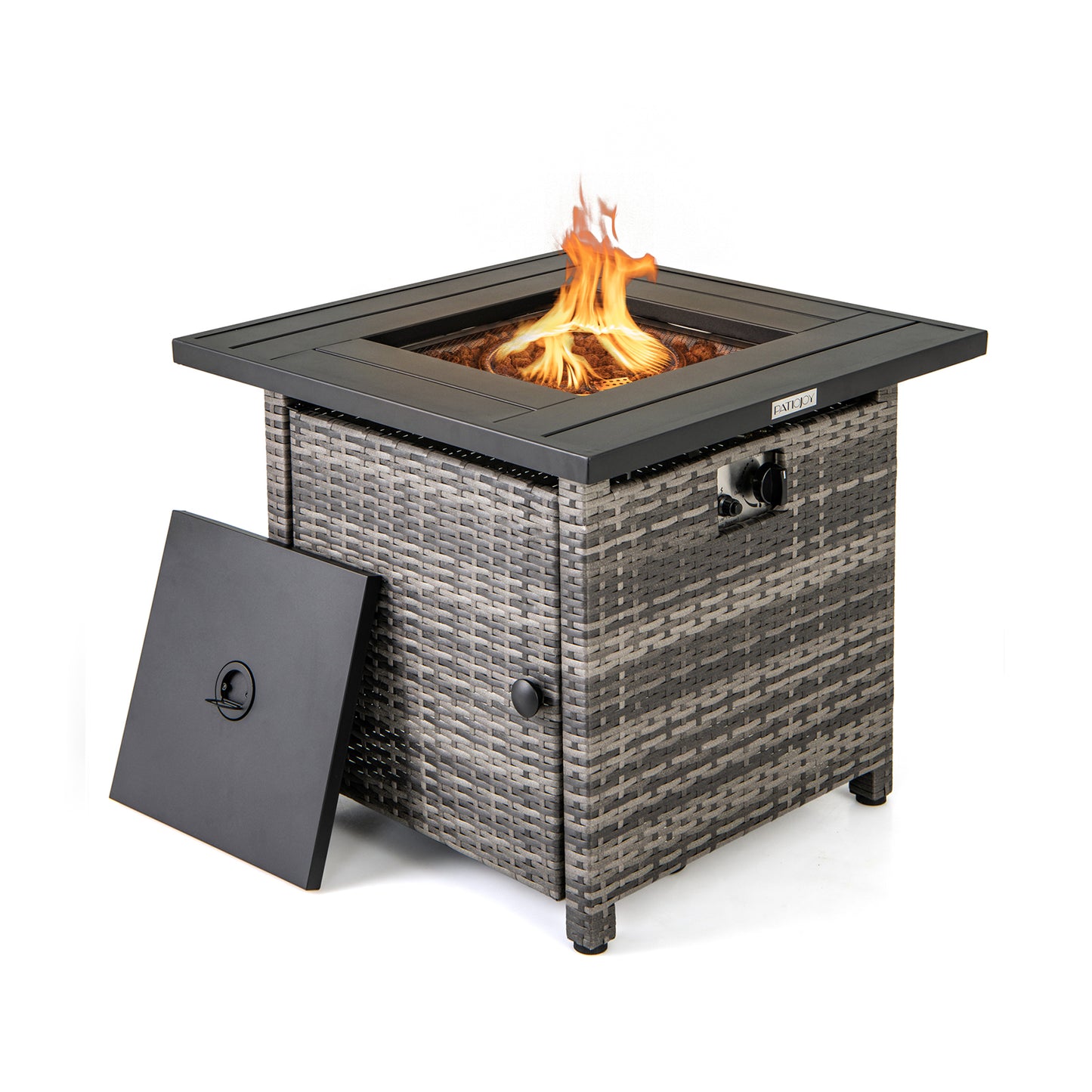 29 Inch Propane Rattan Firepit Table with Lava Rocks and Protective Cover, Gray Fire Pit Tables at Gallery Canada