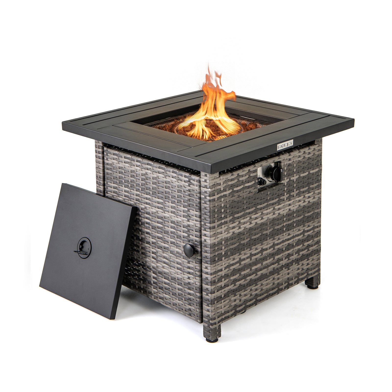 29 Inch Propane Rattan Firepit Table with Lava Rocks and Protective Cover, Gray Fire Pit Tables at Gallery Canada