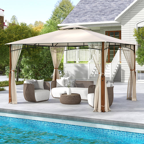 12 x 10 Feet Outdoor Patio Gazebo with Netting and 2-Tier Canopy Roof, Beige