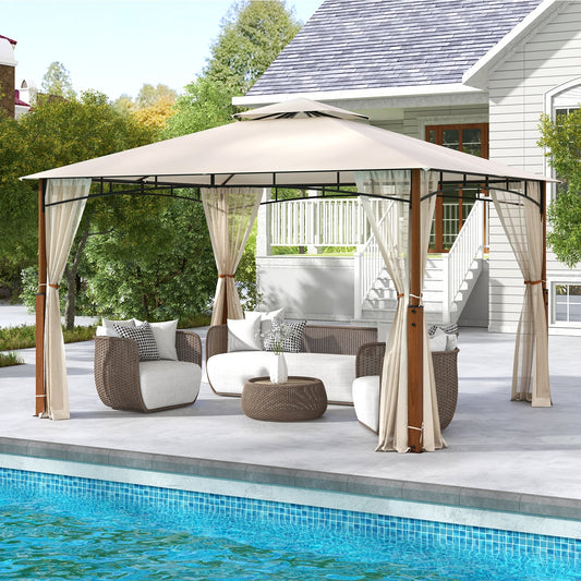 12 x 10 Feet Outdoor Gazebo, Netting, 2-Tier Canopy, Beige