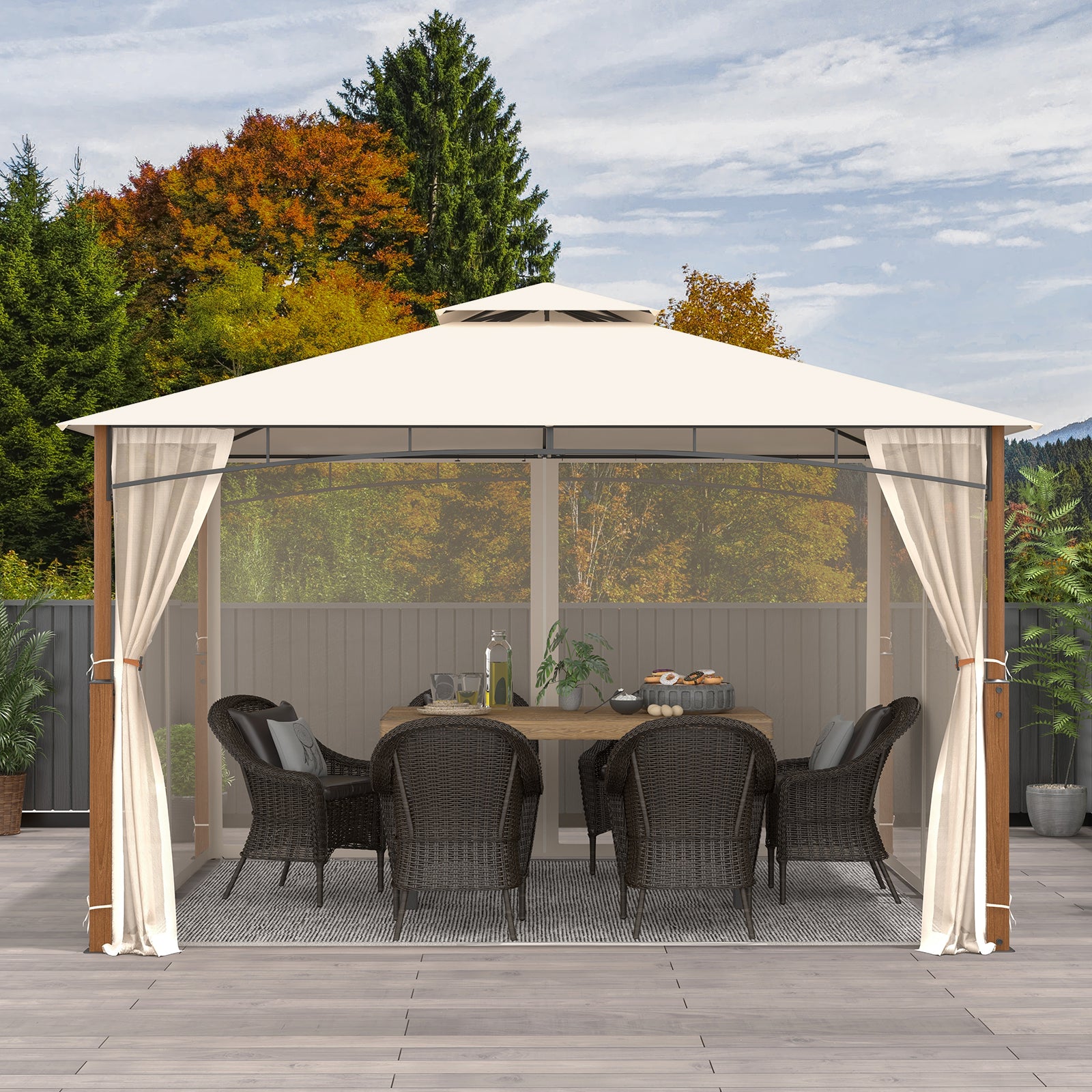 12 x 10 Feet Outdoor Patio Gazebo with Netting and 2-Tier Canopy Roof, Beige Gazebos at Gallery Canada