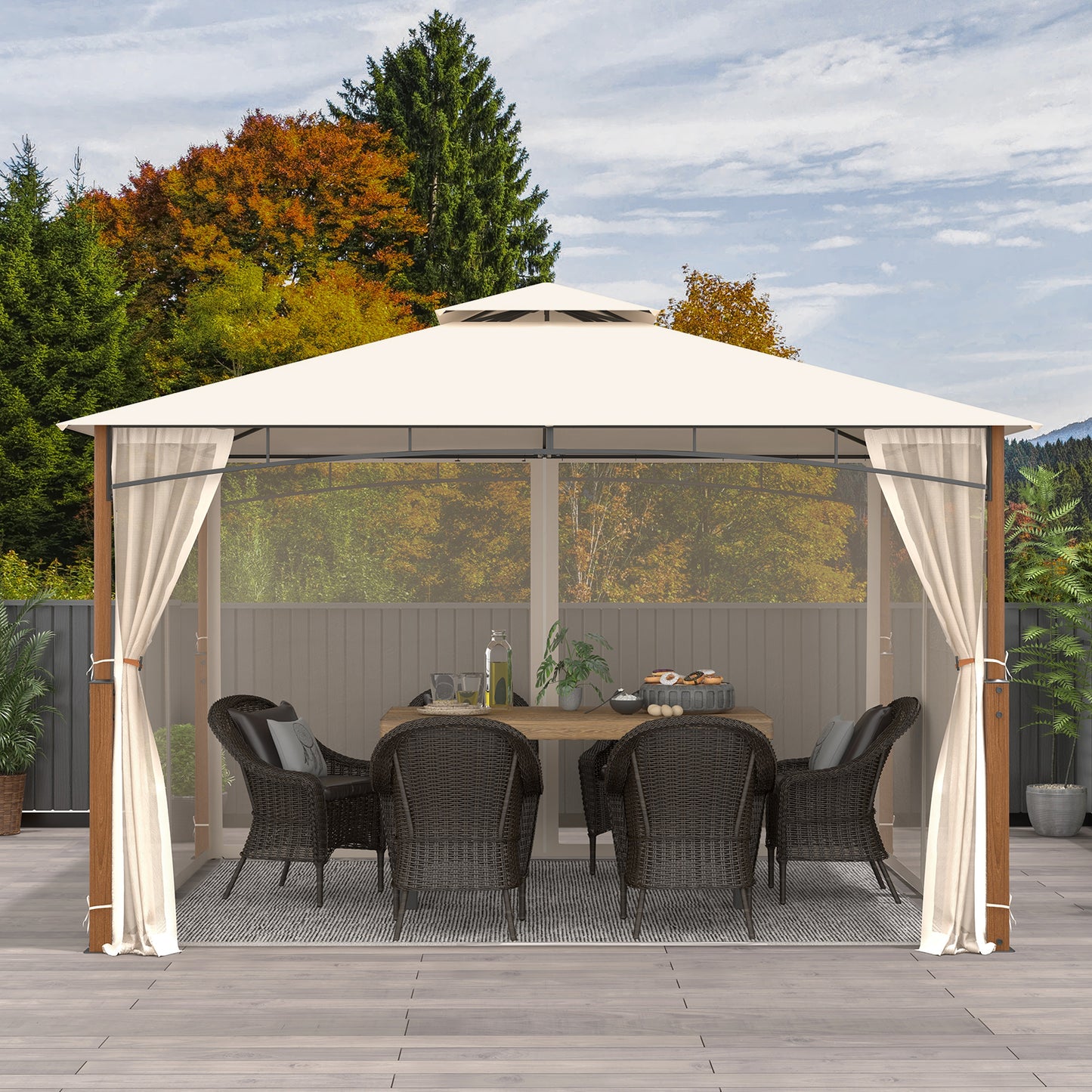 12 x 10 Feet Outdoor Patio Gazebo with Netting and 2-Tier Canopy Roof, Beige Gazebos at Gallery Canada