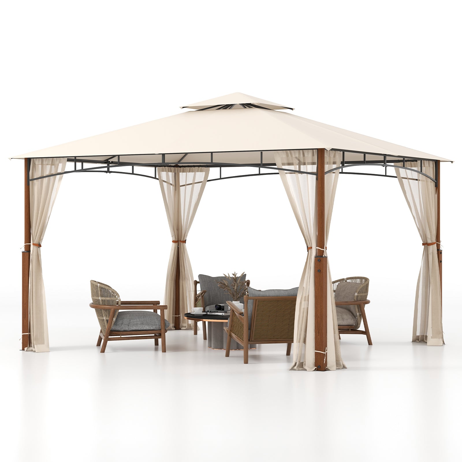 12 x 10 Feet Outdoor Patio Gazebo with Netting and 2-Tier Canopy Roof, Beige Gazebos Beige at Gallery Canada