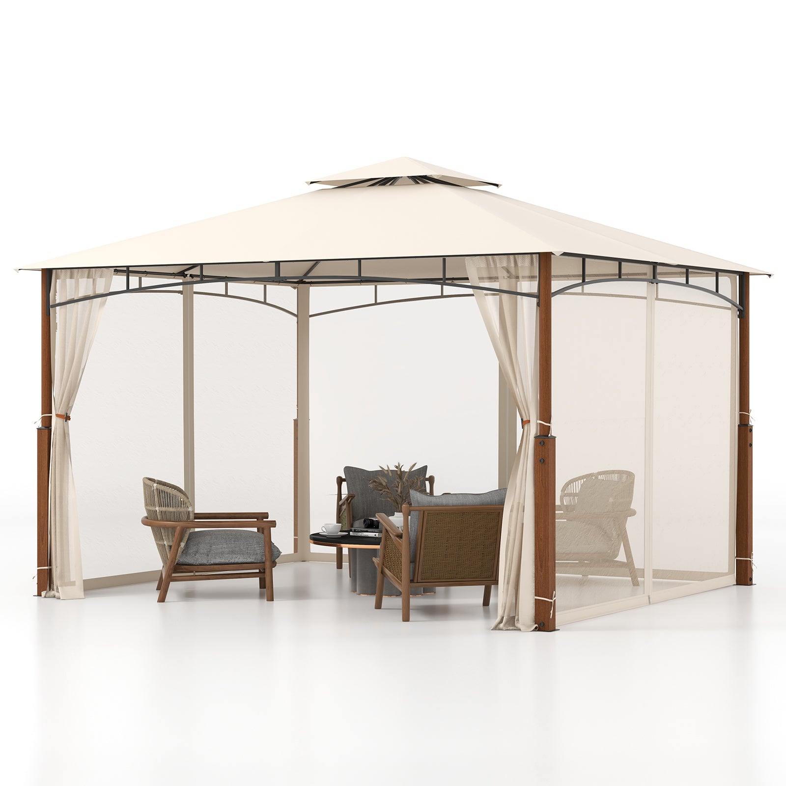 12 x 10 Feet Outdoor Patio Gazebo with Netting and 2-Tier Canopy Roof, Beige Gazebos at Gallery Canada