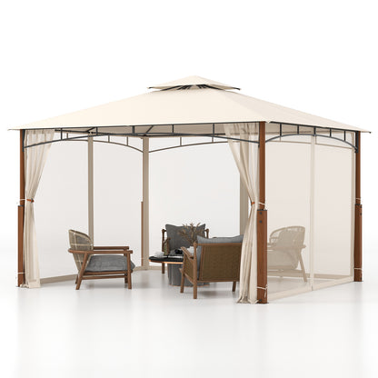 12 x 10 Feet Outdoor Patio Gazebo with Netting and 2-Tier Canopy Roof, Beige Gazebos at Gallery Canada