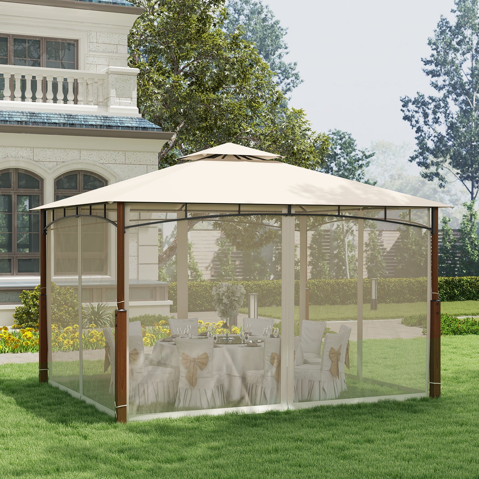 12 x 10 Feet Outdoor Patio Gazebo with Netting and 2-Tier Canopy Roof, Beige Gazebos at Gallery Canada