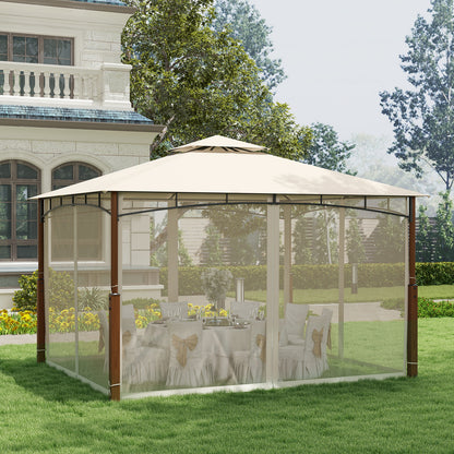 12 x 10 Feet Outdoor Patio Gazebo with Netting and 2-Tier Canopy Roof, Beige Gazebos at Gallery Canada