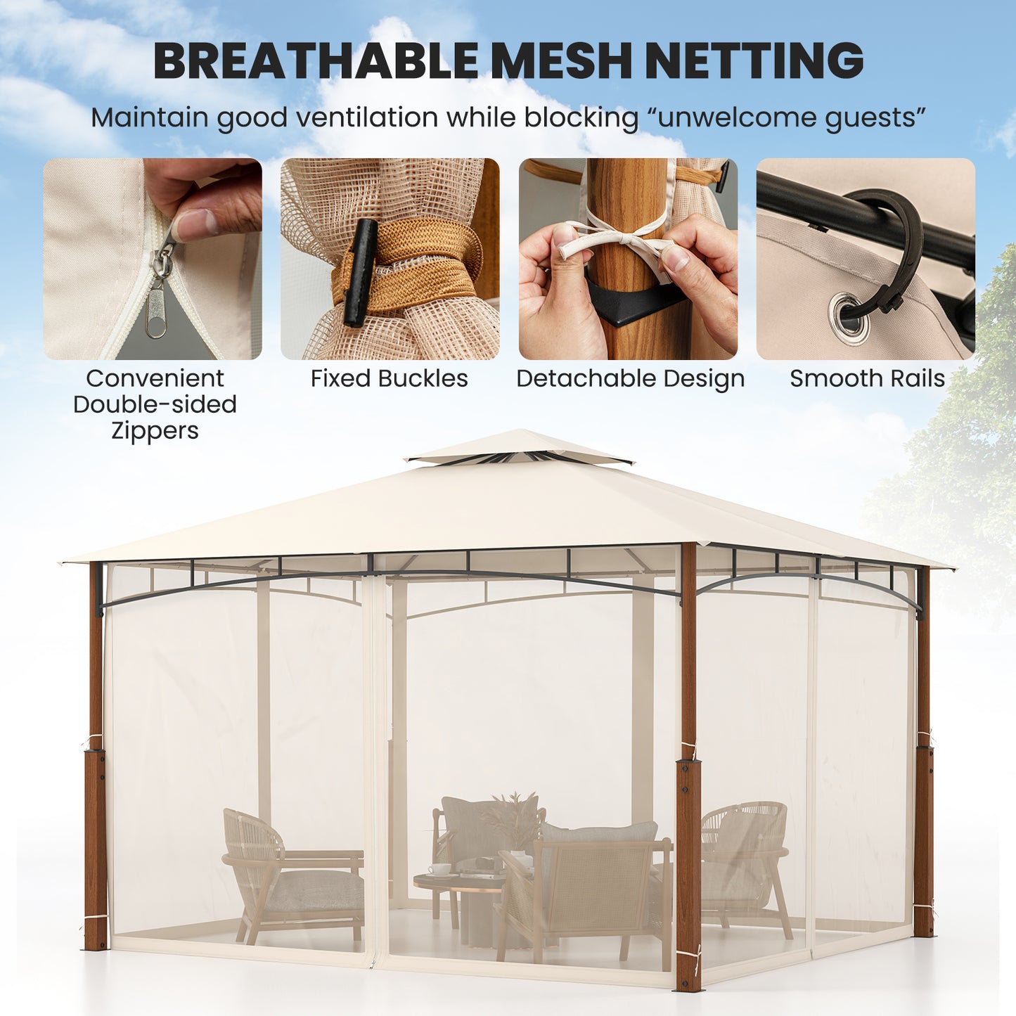 12 x 10 Feet Outdoor Patio Gazebo with Netting and 2-Tier Canopy Roof, Beige Gazebos at Gallery Canada