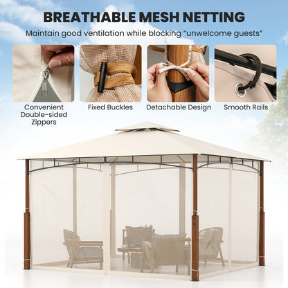12 x 10 Feet Outdoor Patio Gazebo with Netting and 2-Tier Canopy Roof, Beige Gazebos at Gallery Canada