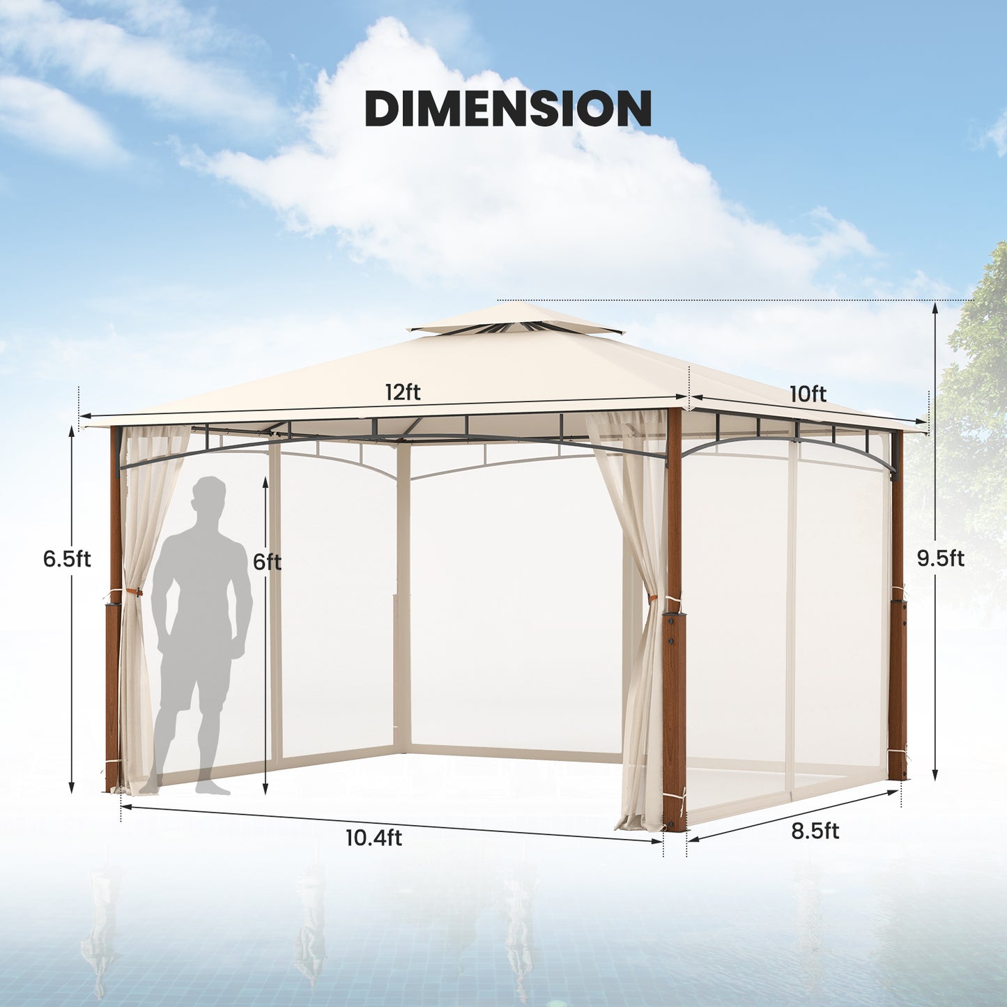 12 x 10 Feet Outdoor Patio Gazebo with Netting and 2-Tier Canopy Roof, Beige Gazebos at Gallery Canada
