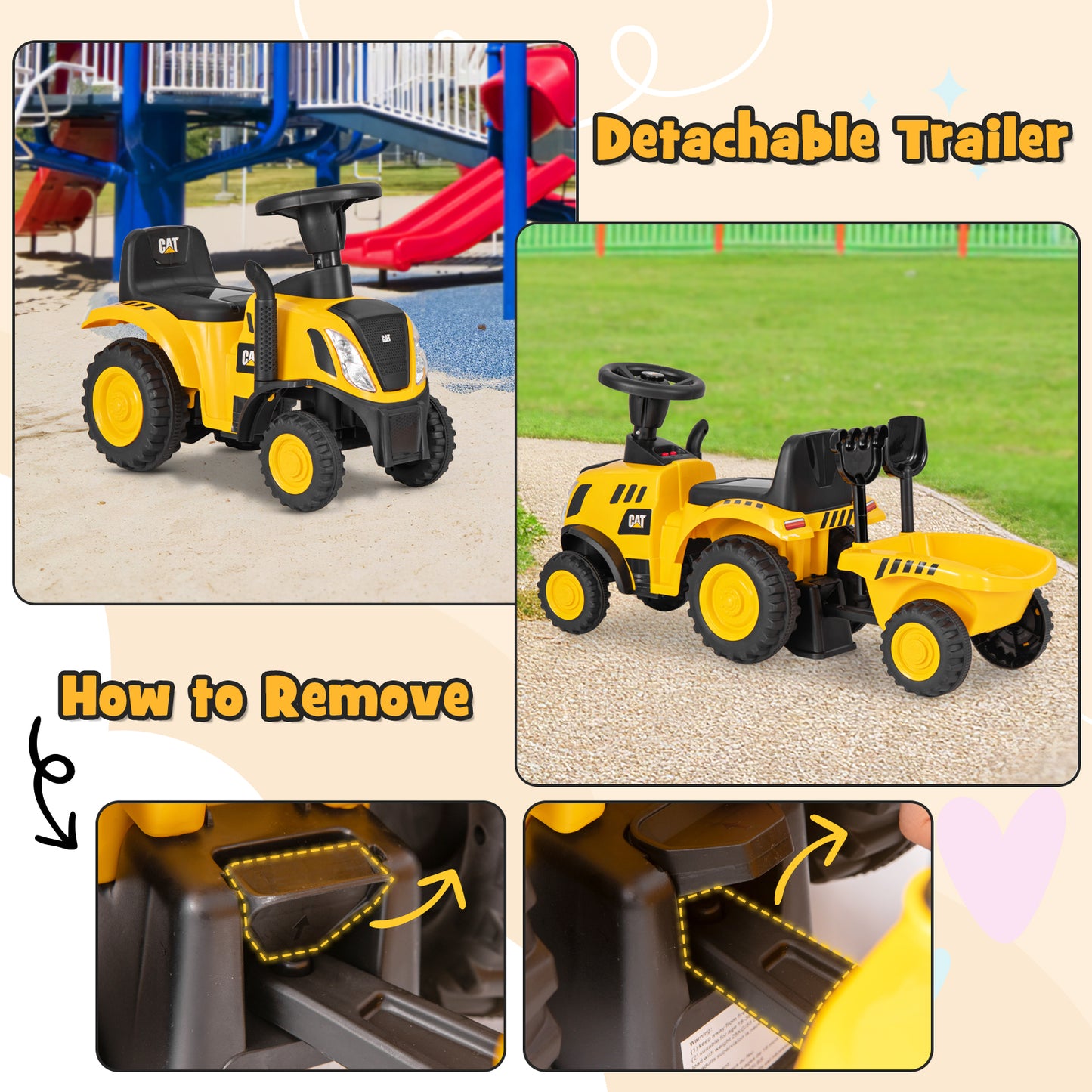 Kids Ride On Tractor, Detachable Trailer, Yellow Push & Pedal Ride On Toys at Gallery Canada