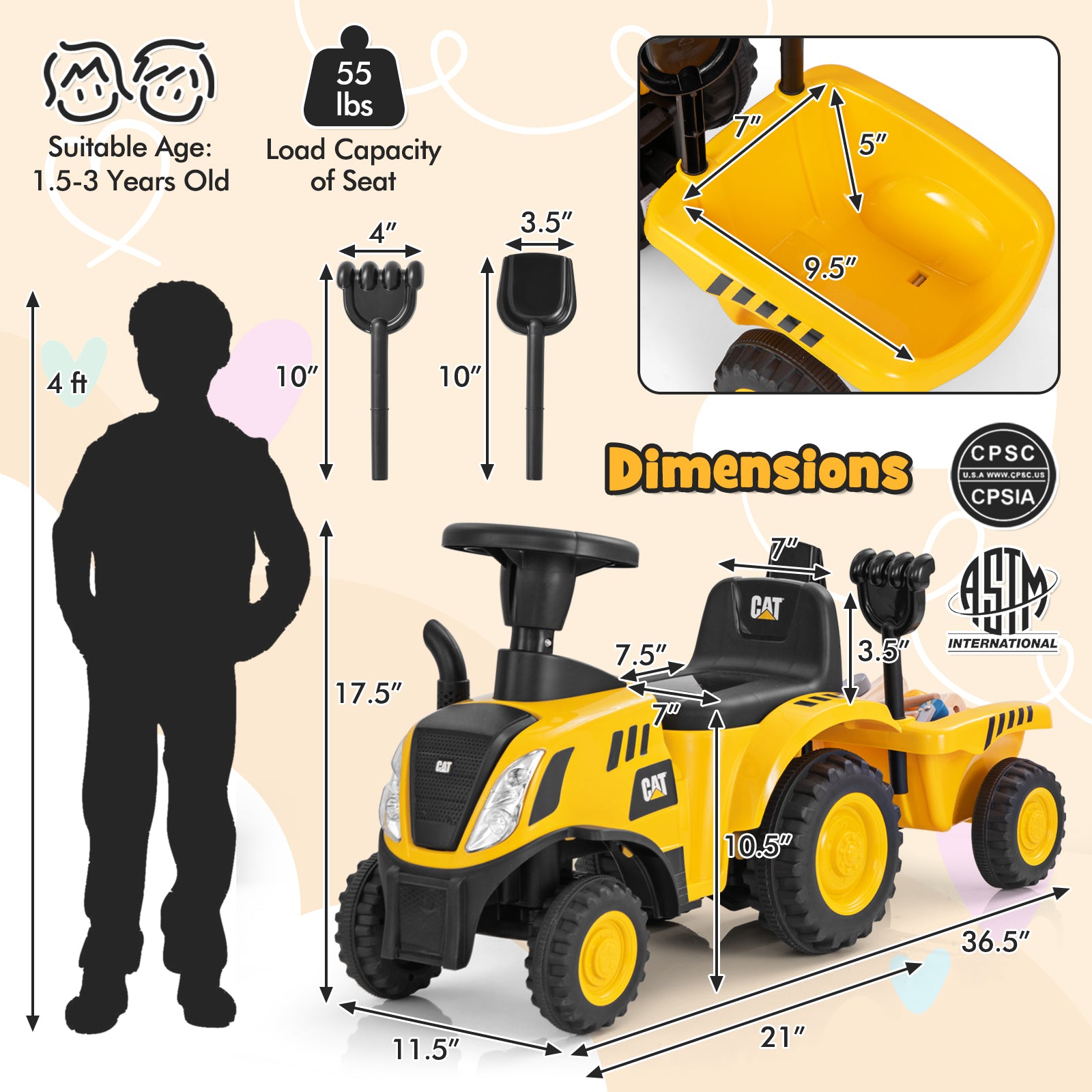 Kids Ride On Tractor, Detachable Trailer, Yellow Push & Pedal Ride On Toys at Gallery Canada