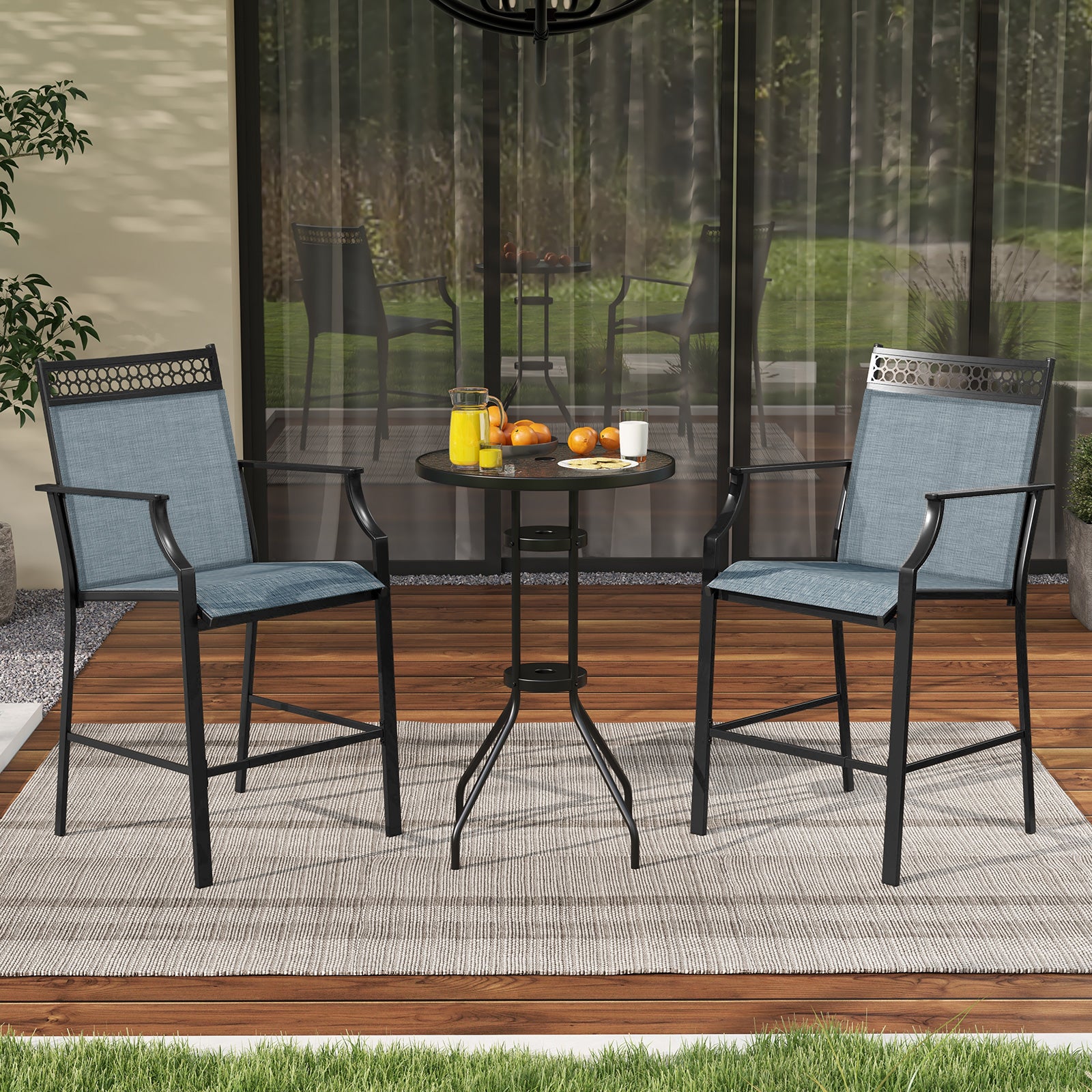 Outdoor Counter Stools Set of 2 Heavy-Duty Barstools with Footrest and Armrests, Blue Patio Bar Furniture at Gallery Canada
