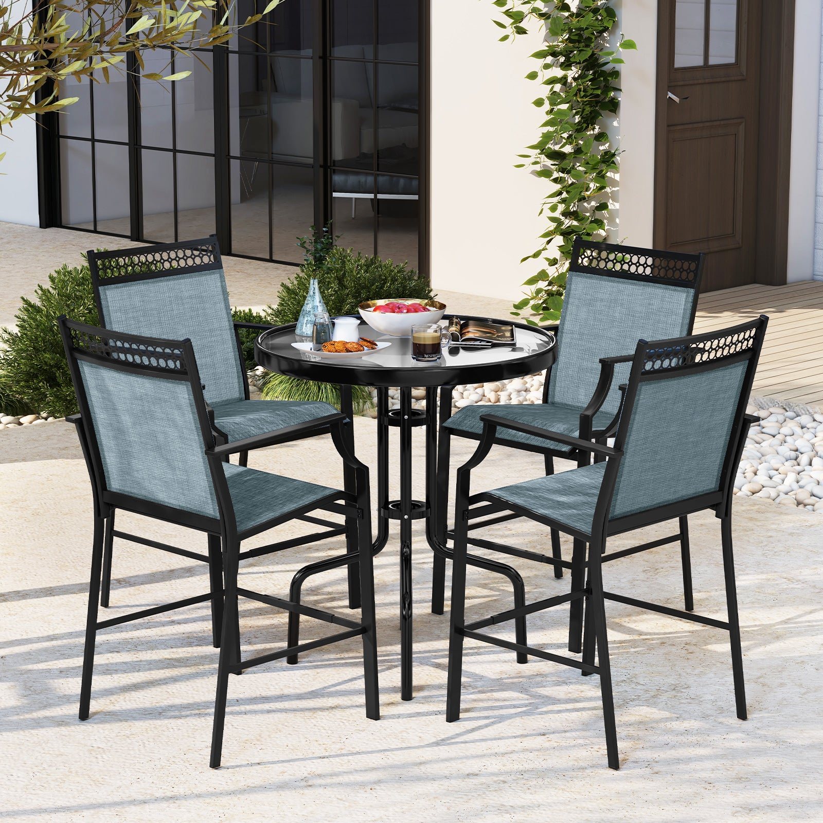 Outdoor Counter Stools Set of 2 Heavy-Duty Barstools with Footrest and Armrests, Blue Patio Bar Furniture at Gallery Canada