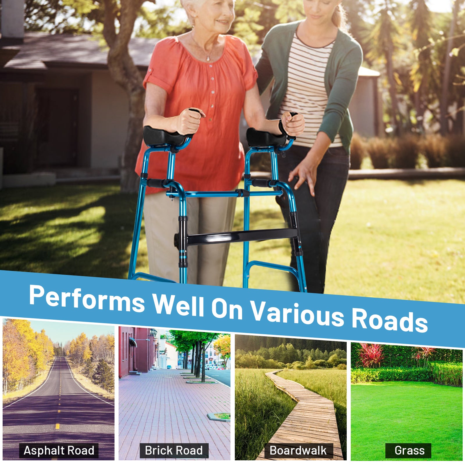 Folding Adjustable Aluminum Wheel Walking Frame, Navy Walkers & Rollators at Gallery Canada