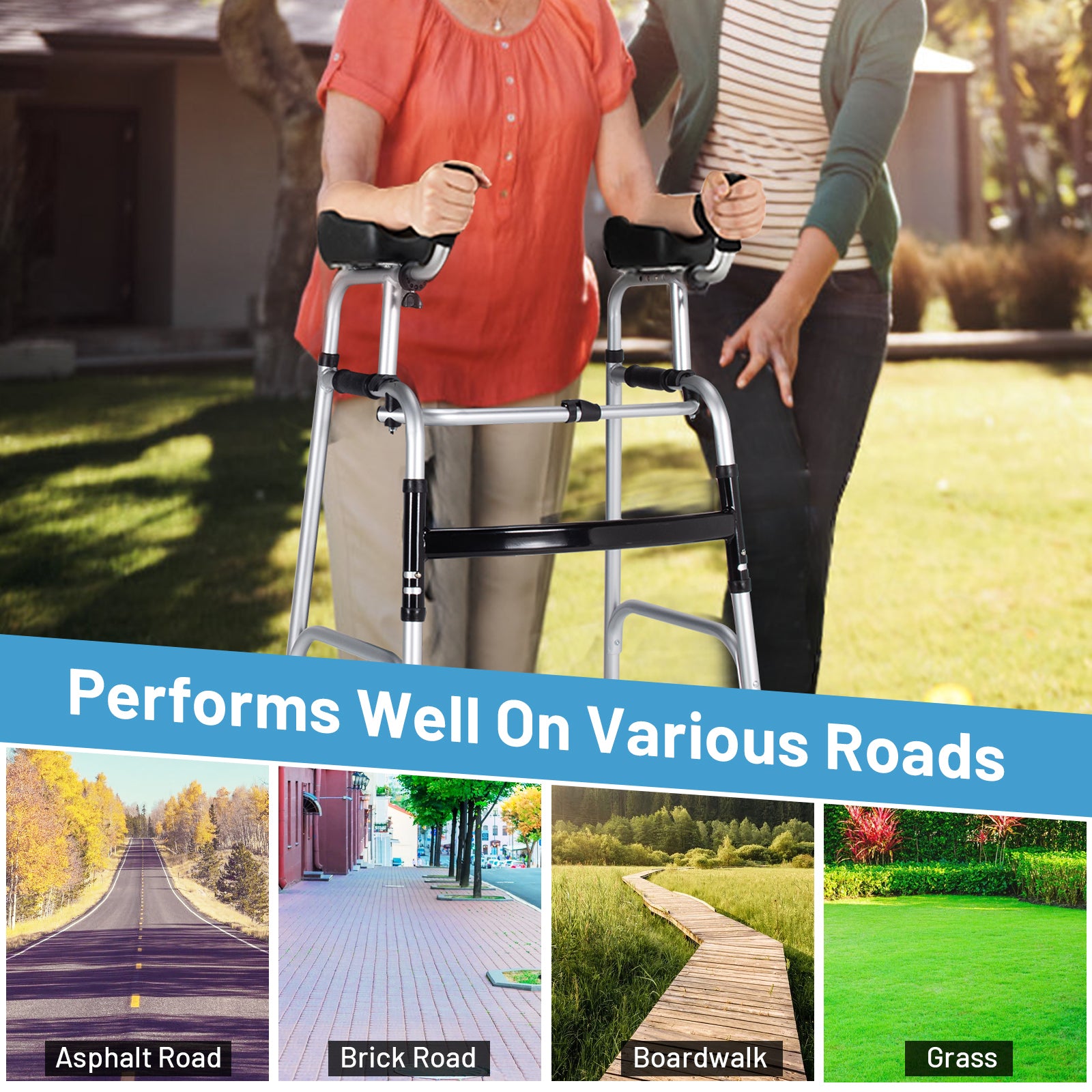 Folding Height Adjustable Walking Frame with Armrest Support, Silver Walkers & Rollators at Gallery Canada