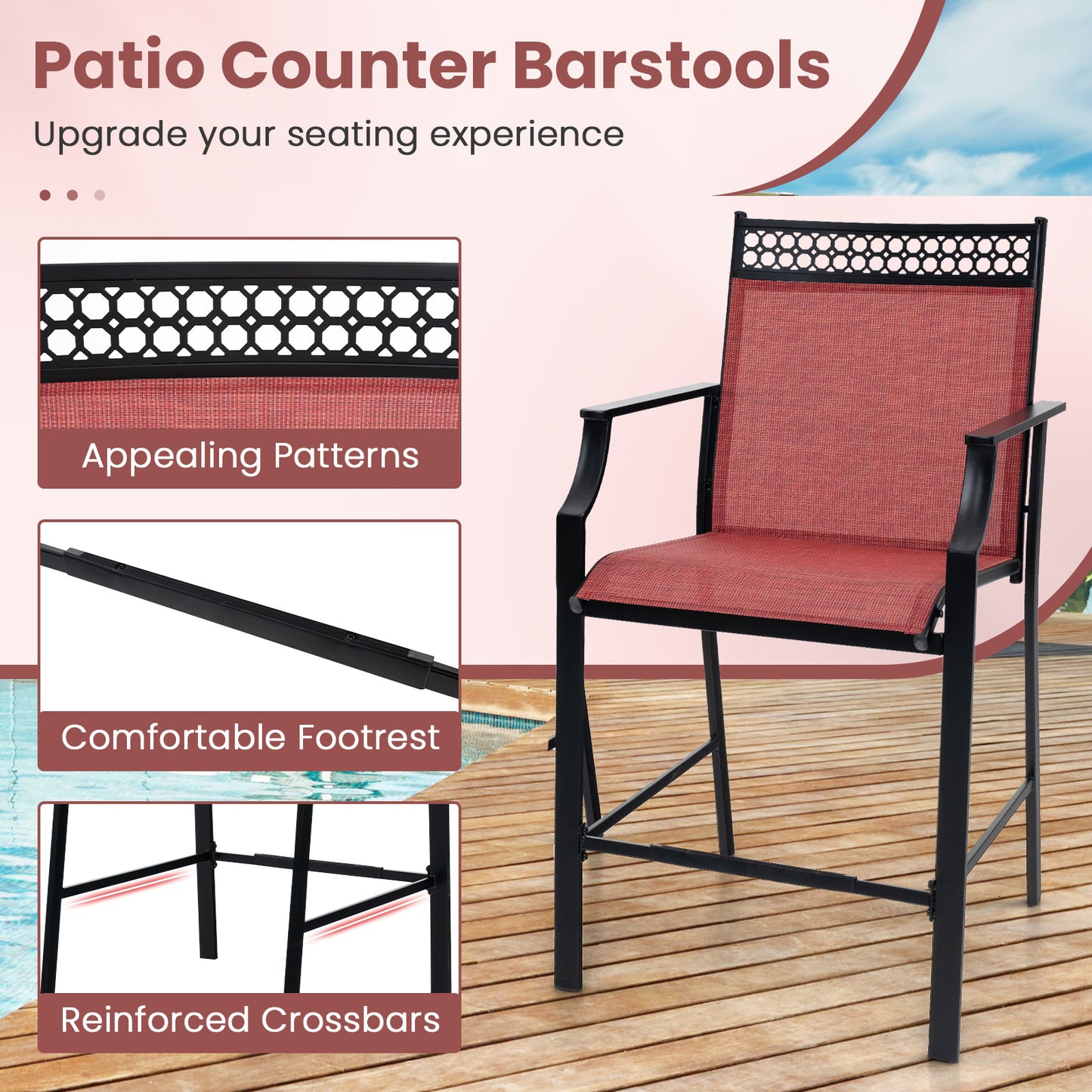 Outdoor Counter Stools Set of 2 Heavy-Duty Barstools with Footrest and Armrests, Red Patio Bar Furniture at Gallery Canada