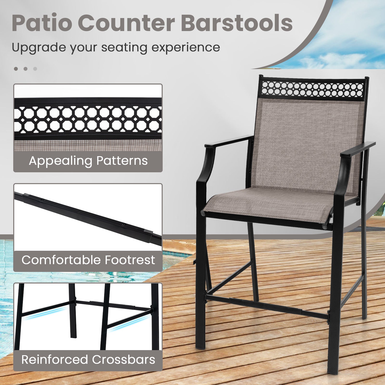 Outdoor Counter Stools Set of 2 Heavy-Duty Barstools with Footrest and Armrests, Coffee Patio Bar Furniture at Gallery Canada