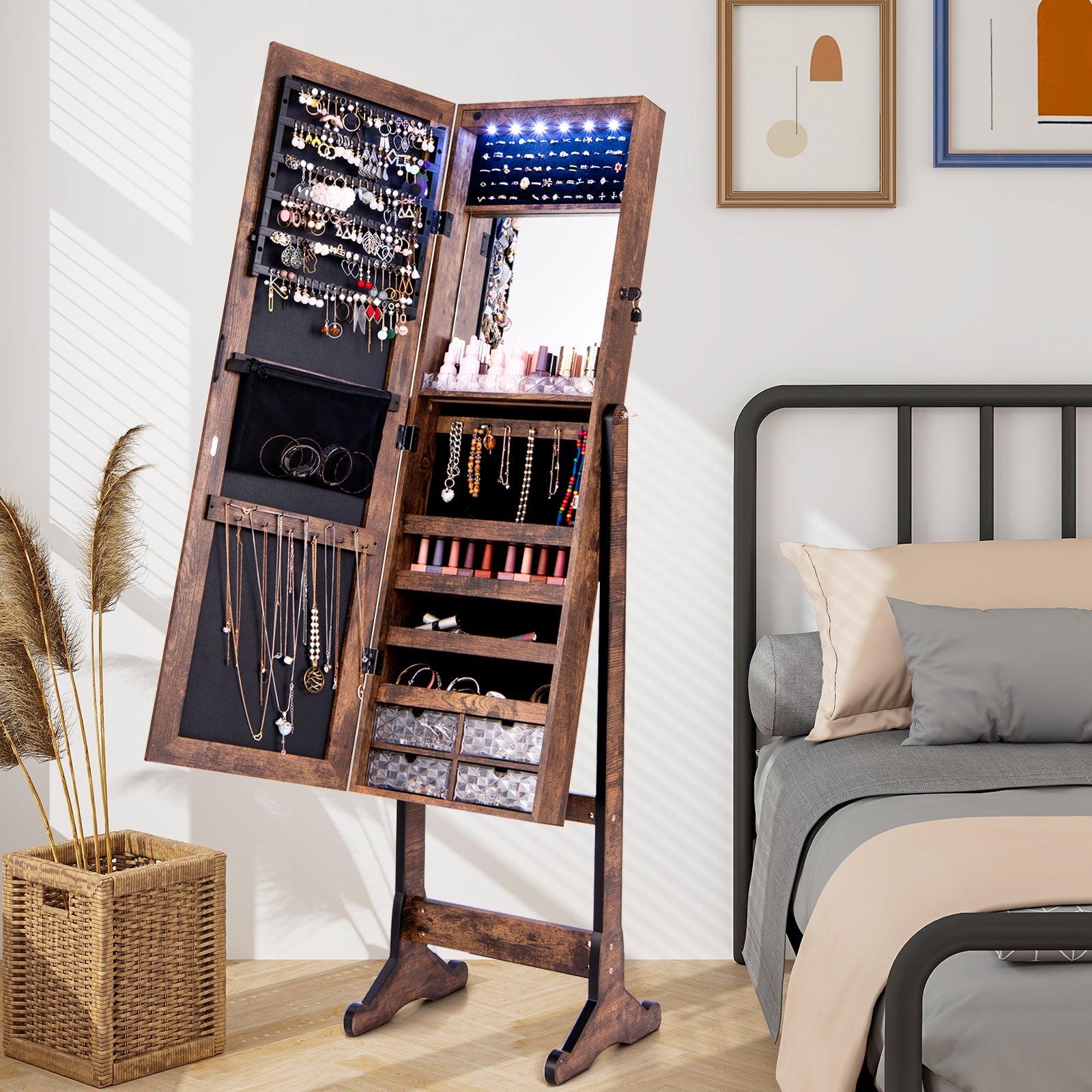 Free Standing Full Length Jewelry Armoire with Lights, Rustic Brown Jewelry Armoires at Gallery Canada