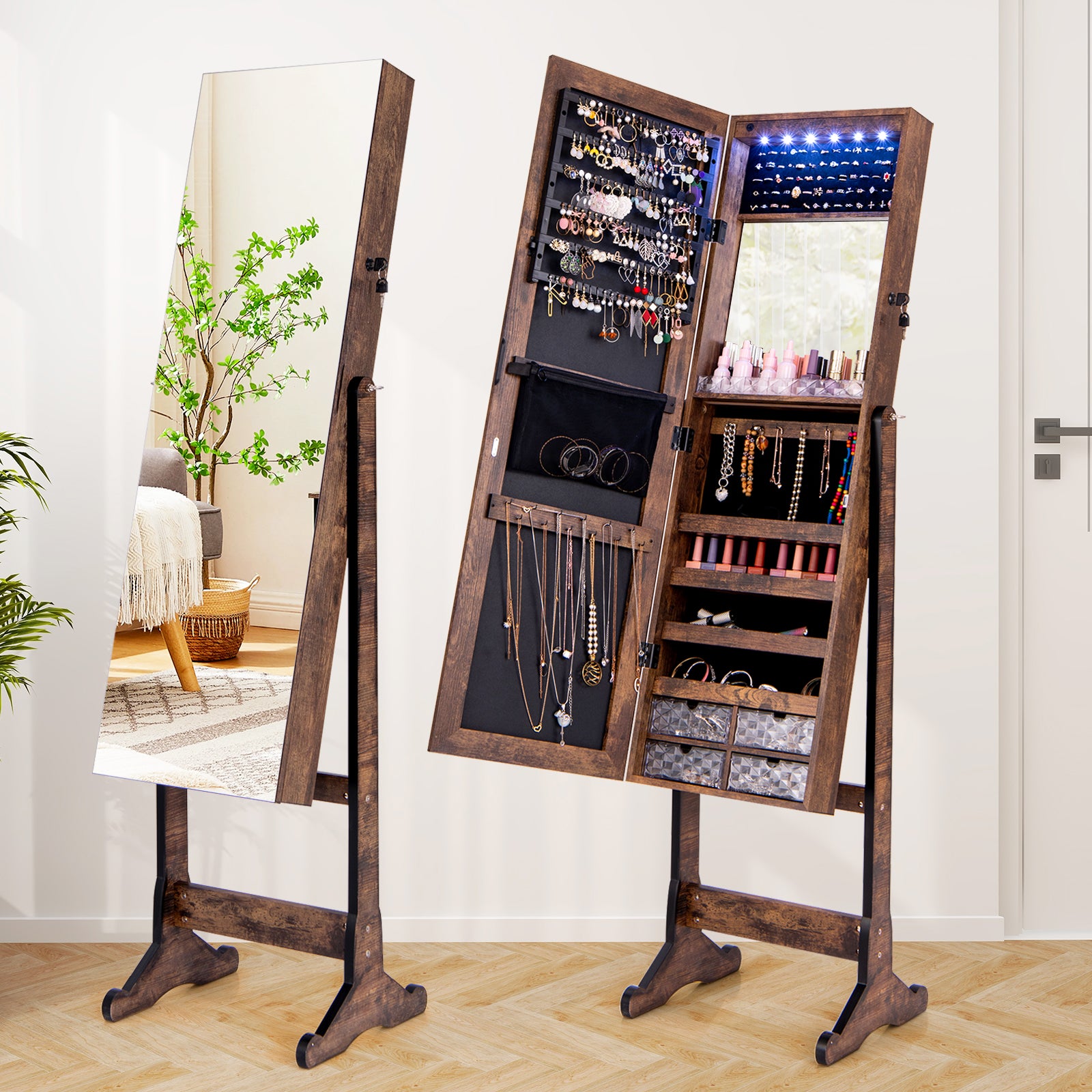 Free Standing Full Length Jewelry Armoire with Lights, Rustic Brown Jewelry Armoires at Gallery Canada