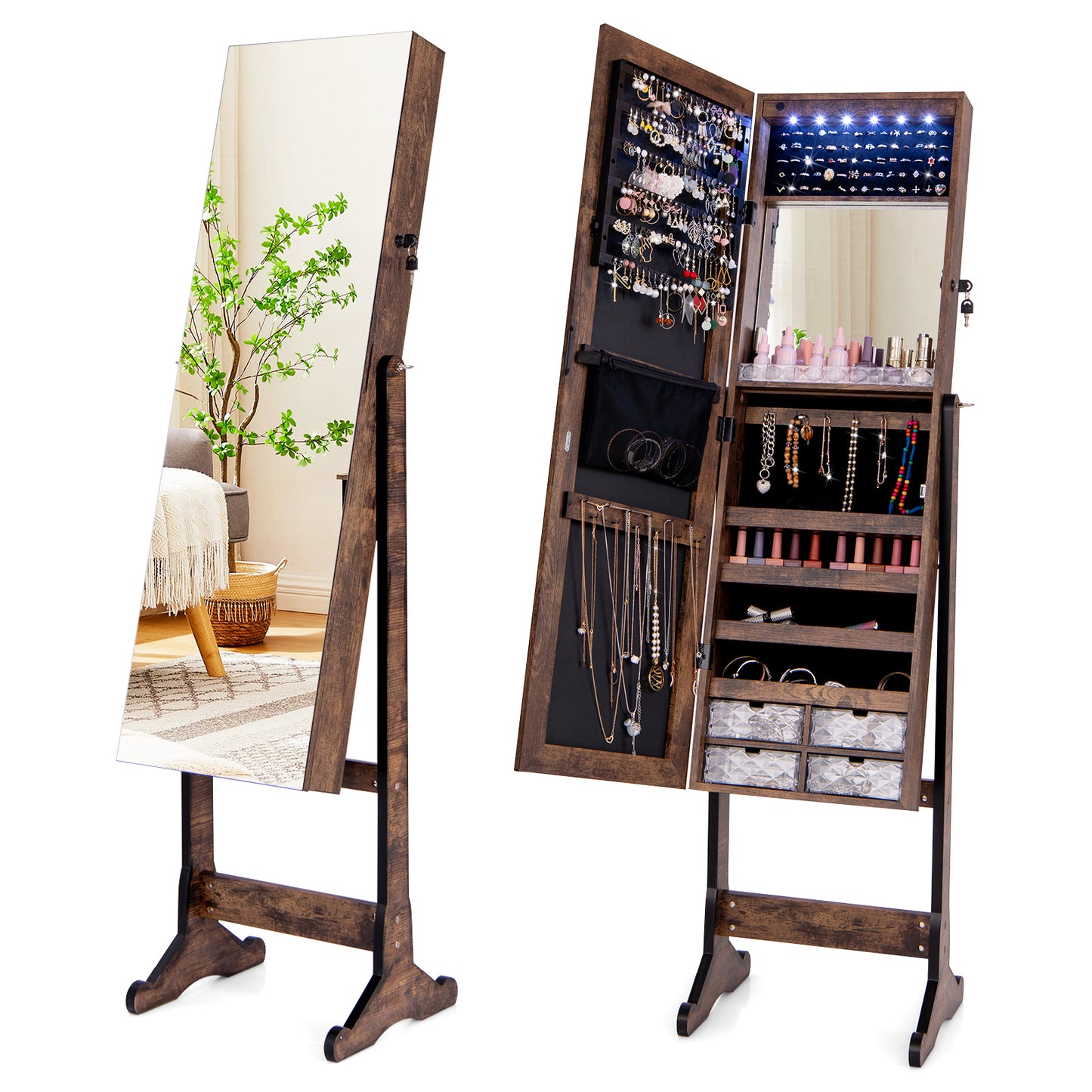 Free Standing Full Length Jewelry Armoire with Lights, Rustic Brown Jewelry Armoires Rustic Brown at Gallery Canada
