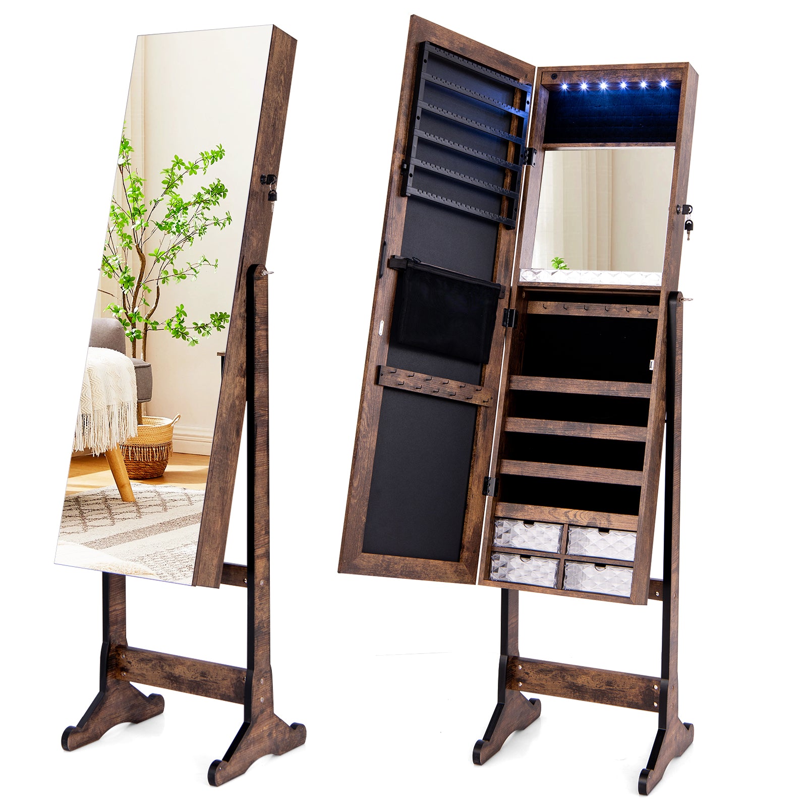 Free Standing Full Length Jewelry Armoire with Lights, Rustic Brown Jewelry Armoires at Gallery Canada
