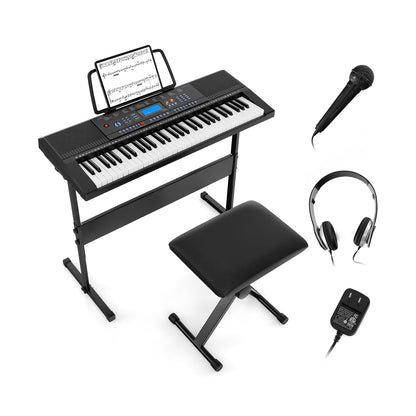 61-Key Electronic Keyboard Piano Set With Stand, Bench, Headphones, Black
