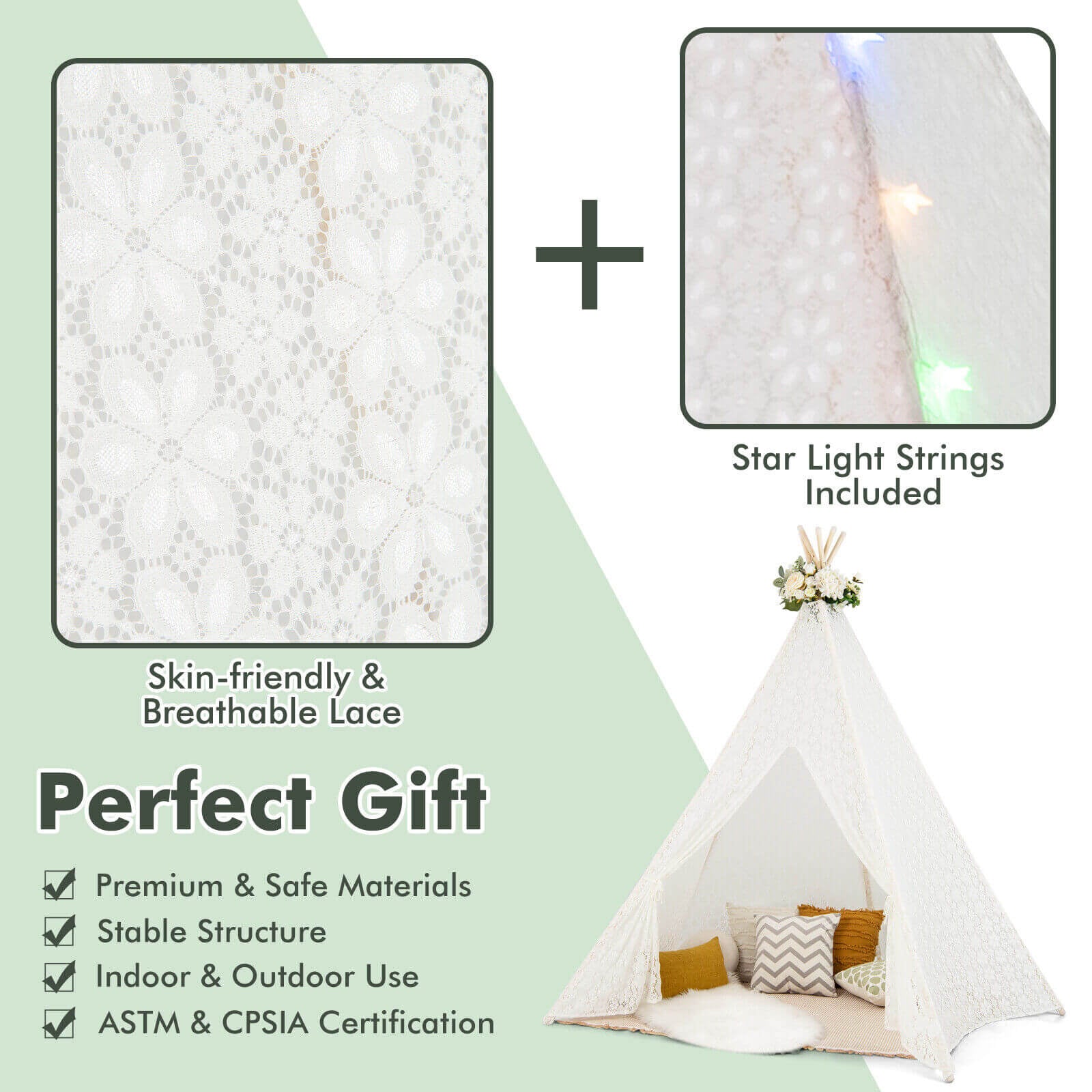 Lace Teepee Tent With Colorful Lights For Children, White Play Tents & Playhouse at Gallery Canada