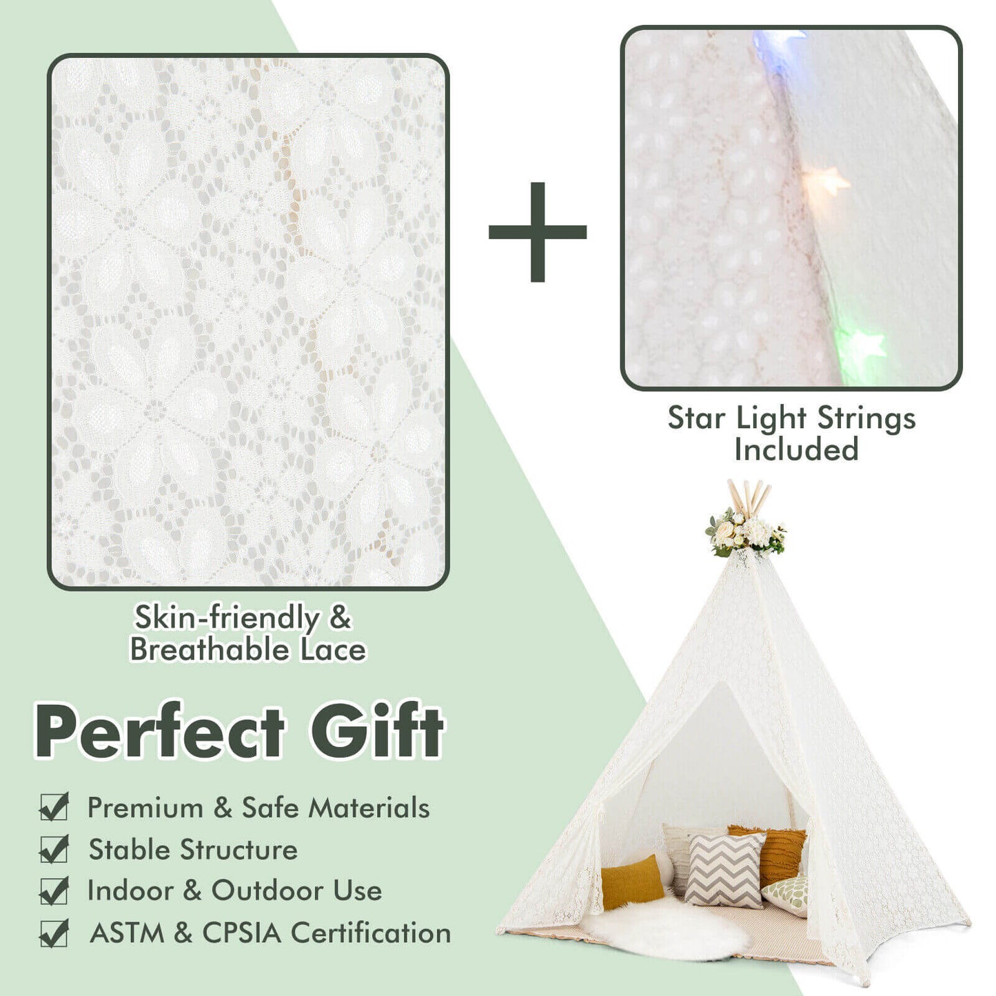 Lace Teepee Tent With Colorful Lights For Children, White Play Tents & Playhouse at Gallery Canada